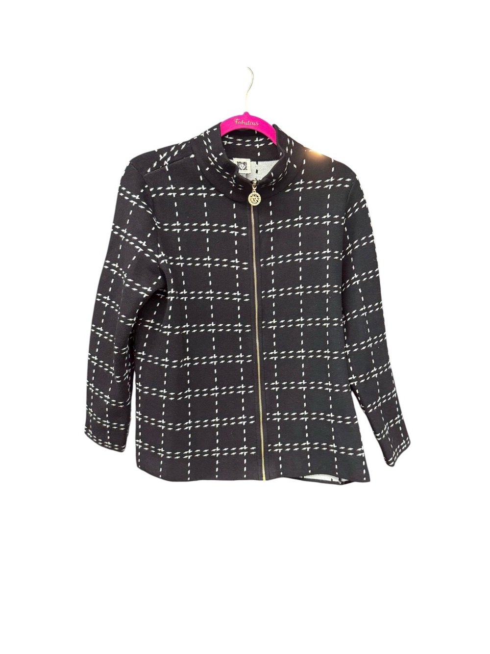 Anne Klein Black and White Grid Zip Front Sweater Jacket